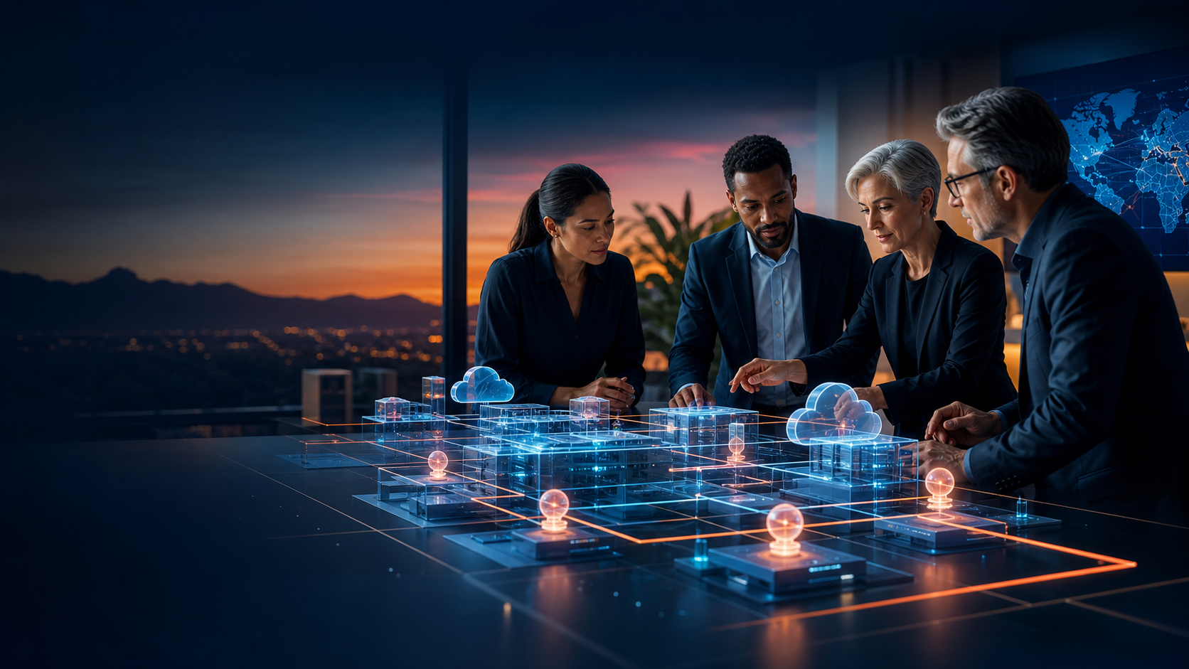 Enterprise and technology leaders collaborating around a connected cloud and autonomous systems architecture